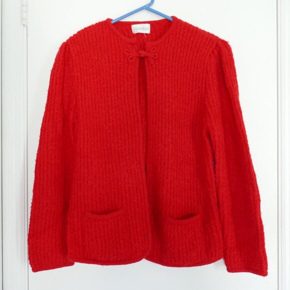 vintage 80s 90s Stamford ribbed boucle red sweater cardigan puff shoulders sz M - Picture 1 of 3